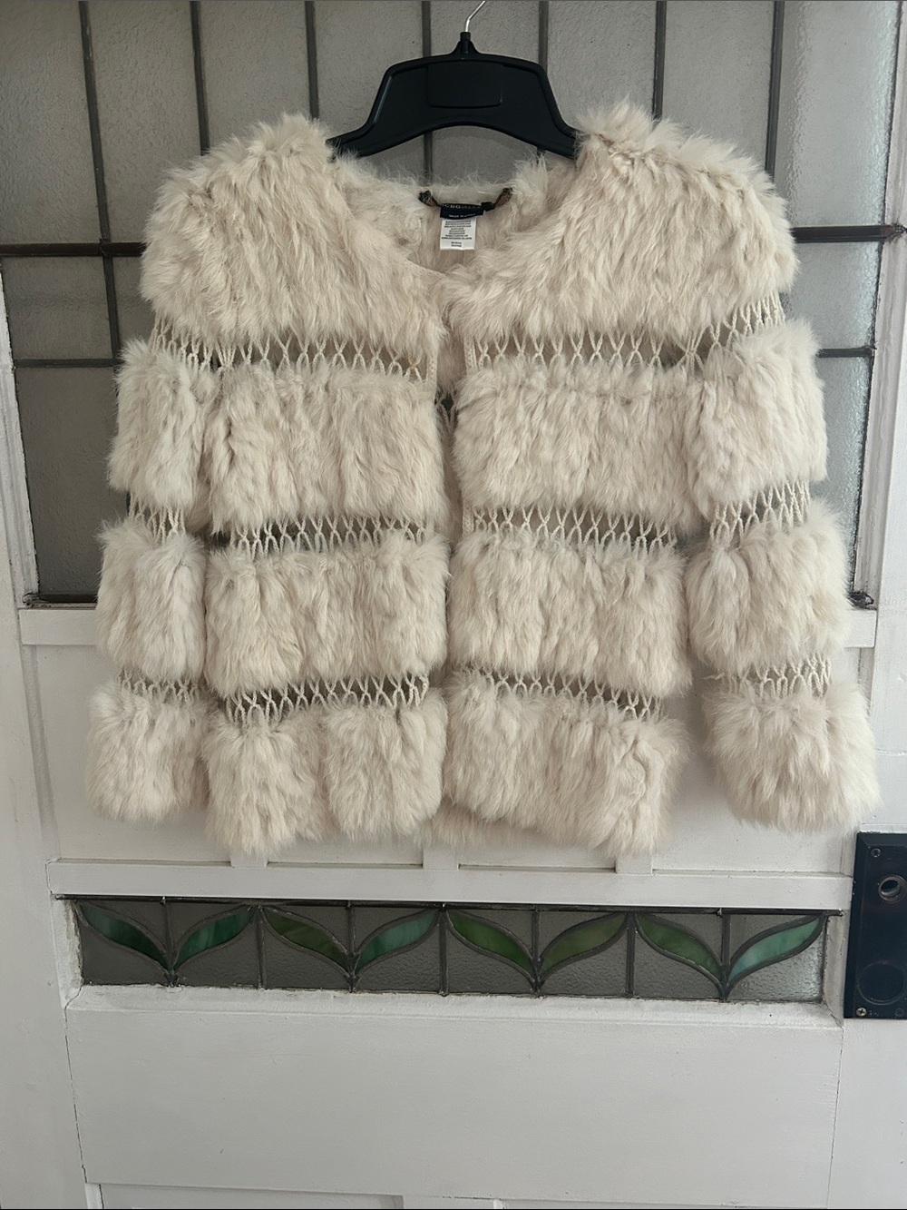 BCBGMaxAzria Cream Rabbit Fur Open-Front Teddy Jacket